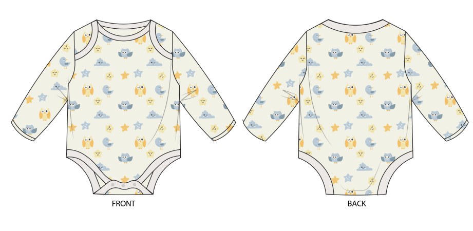 Ekologisk långärmad babybody med motiv av ugglor, stjärnor och månar. Tillverkad i mjuk 100 % ekologisk bomull med kuvertöppning och tryckknappar, från Snödroppen.