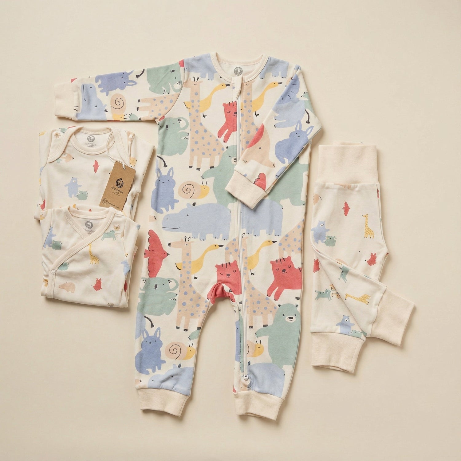 Safari vänner babykollektion med ekologisk GOTS-certifierad pyjamas, omlottsbody och byxor i mjuk bomull från Snödroppen.