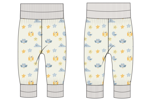 Ekologiska babybyxor med motiv av ugglor, stjärnor och månar i mjuka färger. Tillverkad i 100 % ekologisk bomull med bred midja och muddar, från Snödroppen.