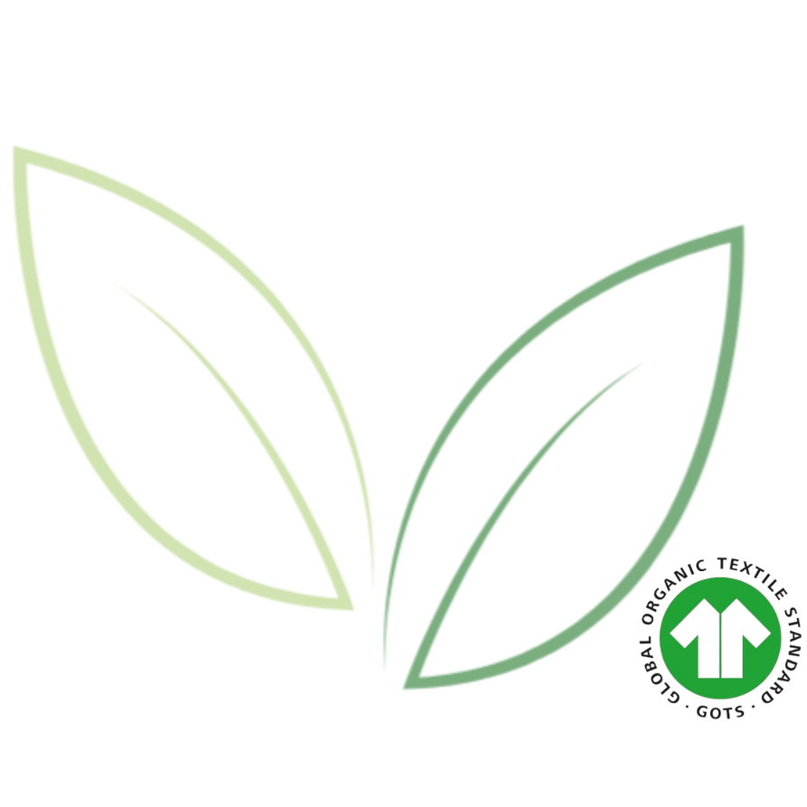 Ikon med gröna blad och GOTS-symbol – symboliserar ekologisk bomull och hållbarhet.