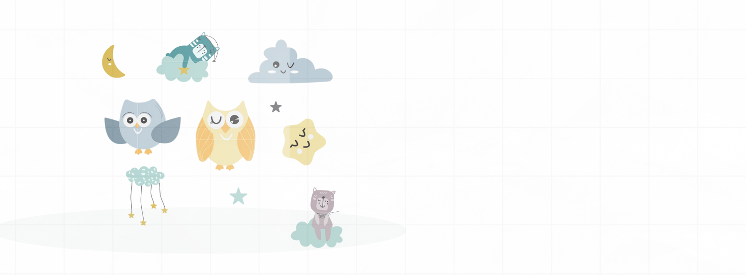 Illustration av Himmelens Vänner – lugna moln, månar och stjärnor i ekologisk bomullskollektion för baby