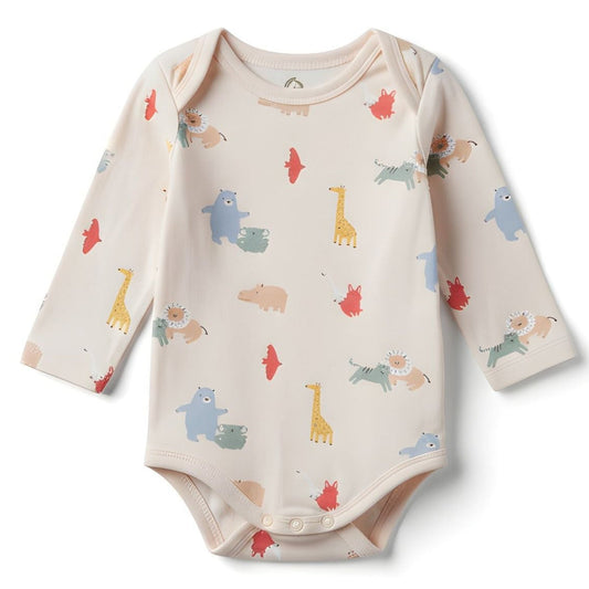 Ekologisk långärmad body Safari Vänner i GOTS-certifierad bomull med lekfullt djurmönster.